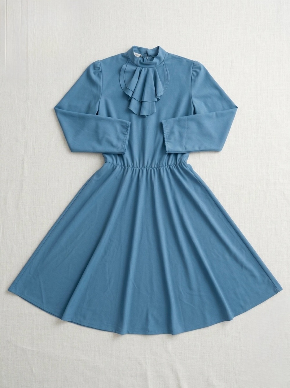 Vintage Dusty Blue Long-Sleeve Ruffle-Neck Fit-and-Flare Dress